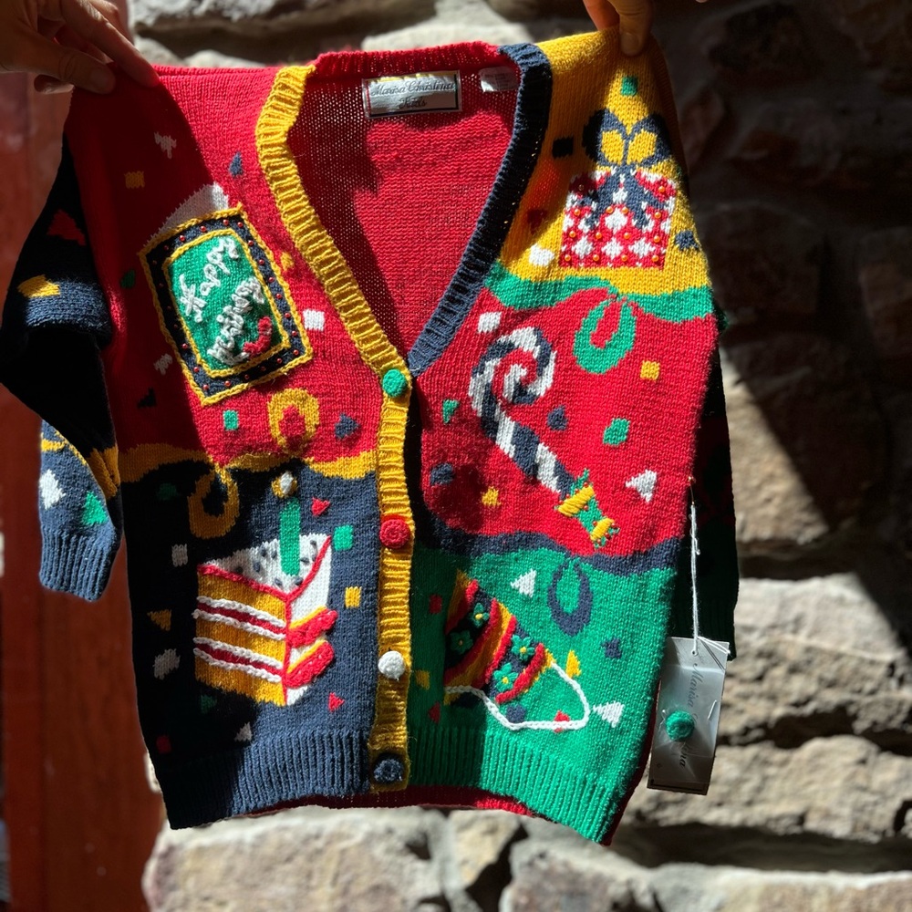 Marisa Christina Kids Sweater Hand Knit Cardigan Happy Birthday sz large - Picture 6 of 10